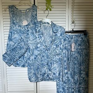 3-Piece Lounge Pajama set Sz M Van Winkle & Co 100%Polyester Denim Palms Fabric